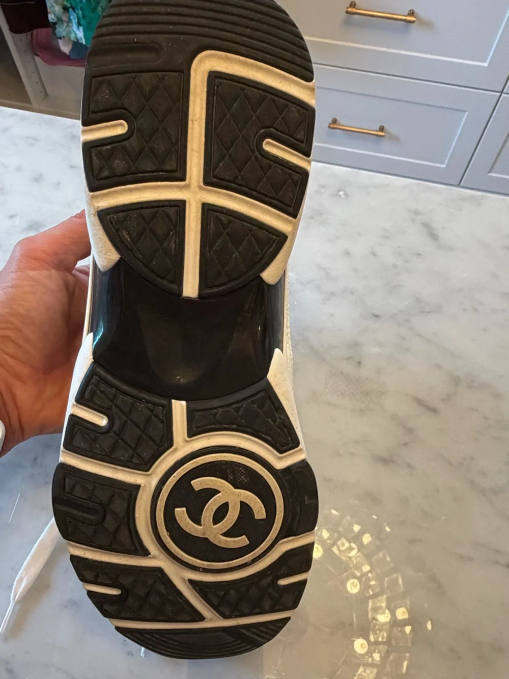 CHANEL Women’s White and Navy CC Logo Sneakers- size 42